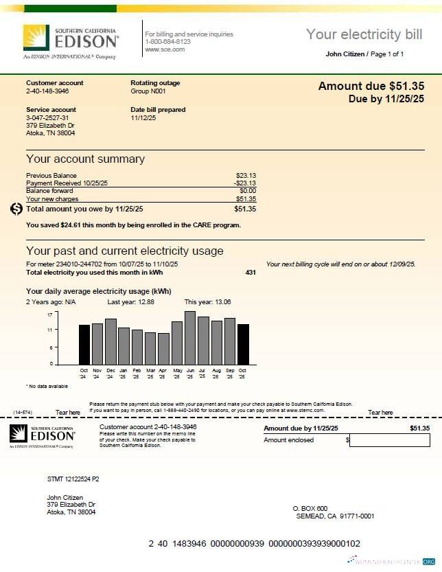 download USA Southern California Edison utility bill template in Word and PDF formats, version 3 PDF template